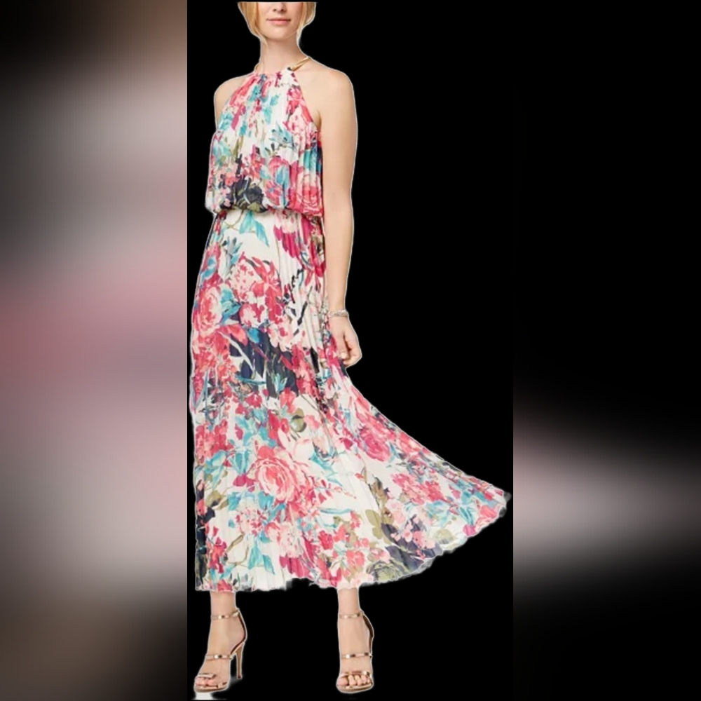 MSK Pleated A-Line Halter Floral Maxi Dress Gold Neck Decor 22W